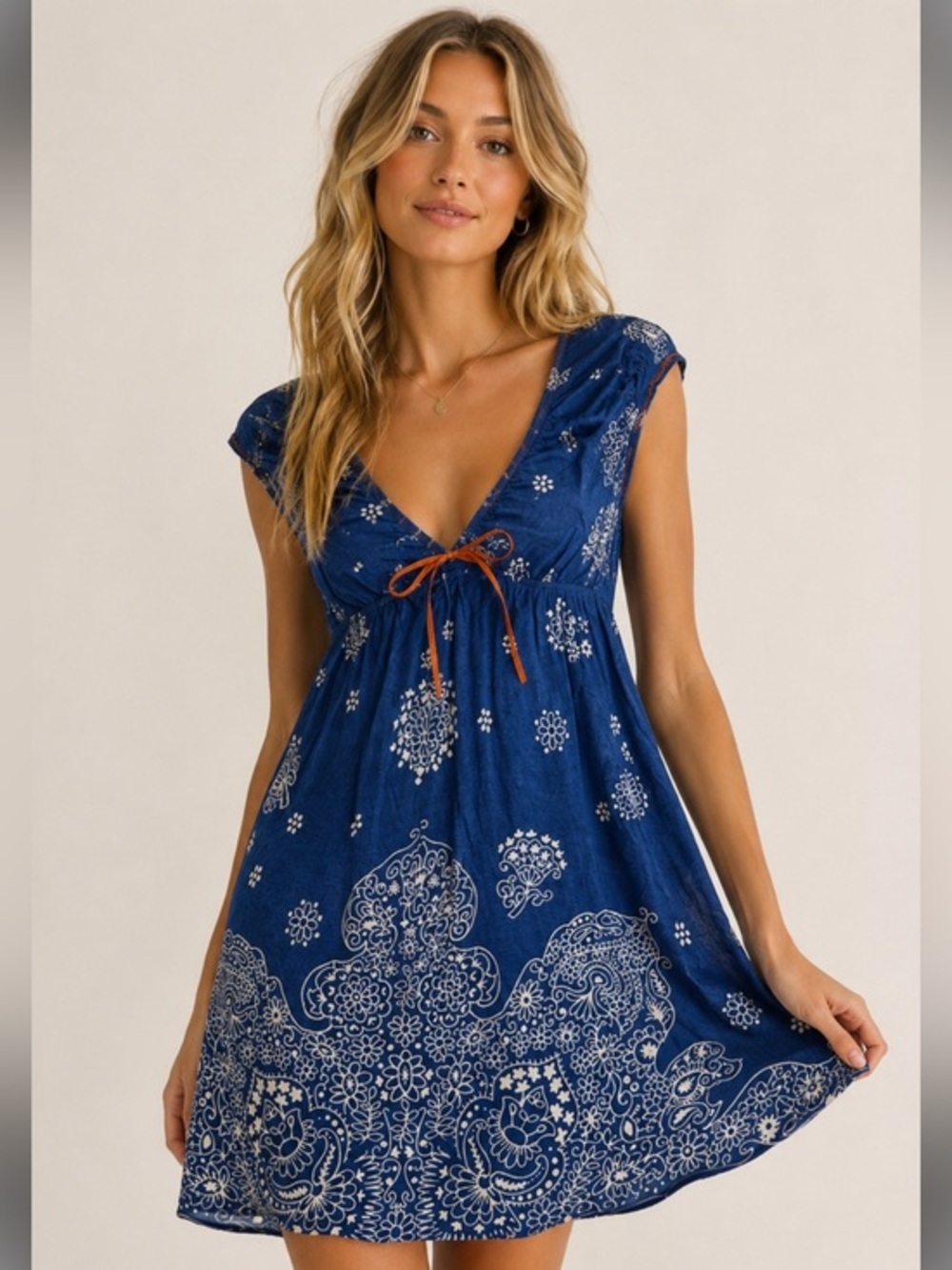Anthropologie Lilka Y2K Blue Paisley Boho Tunic Mini Dress Long Top Size M